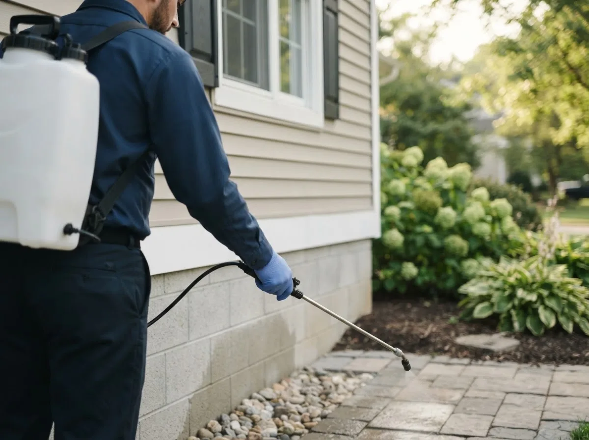 Pest control technician inspecting a home in East Jordan, MI